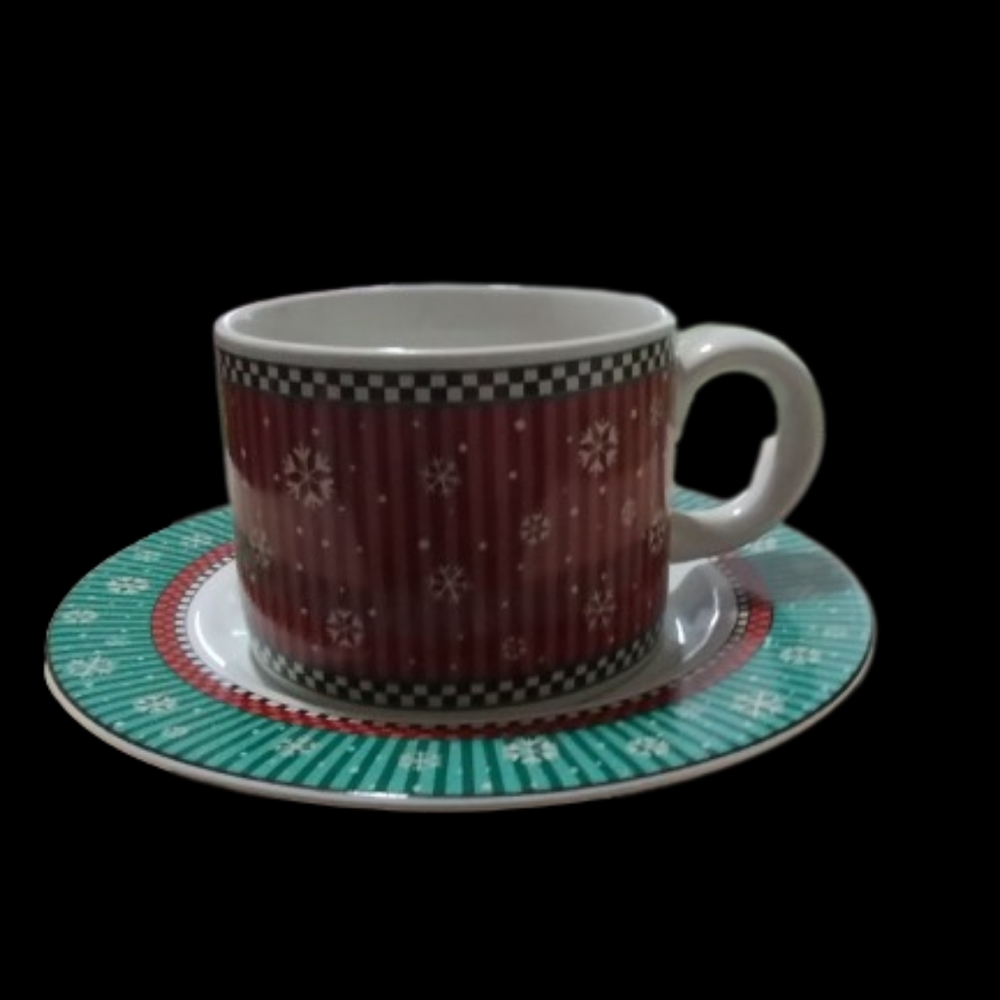 Vintage 2 Piece Set, 1998 Debbie Mumm Penguins Cups & Saucers Sakura Snowflakes